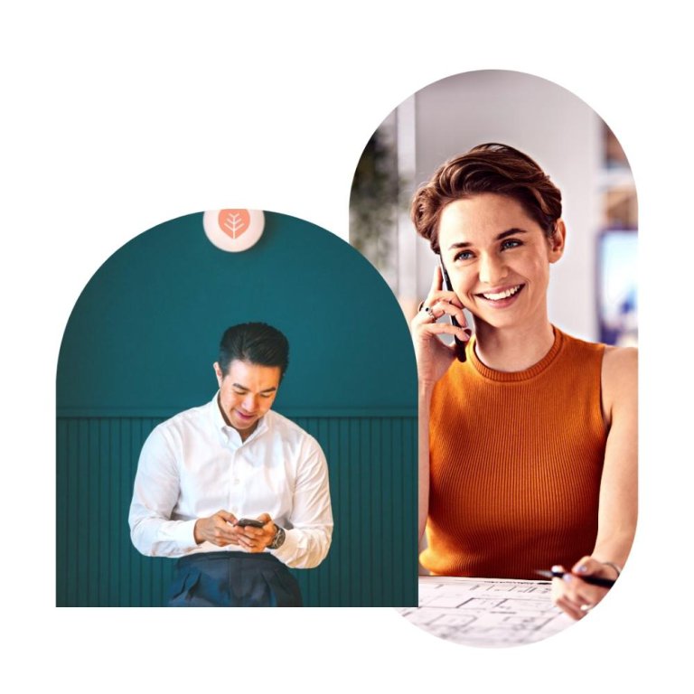 woman on phone and man with NuWestv logo